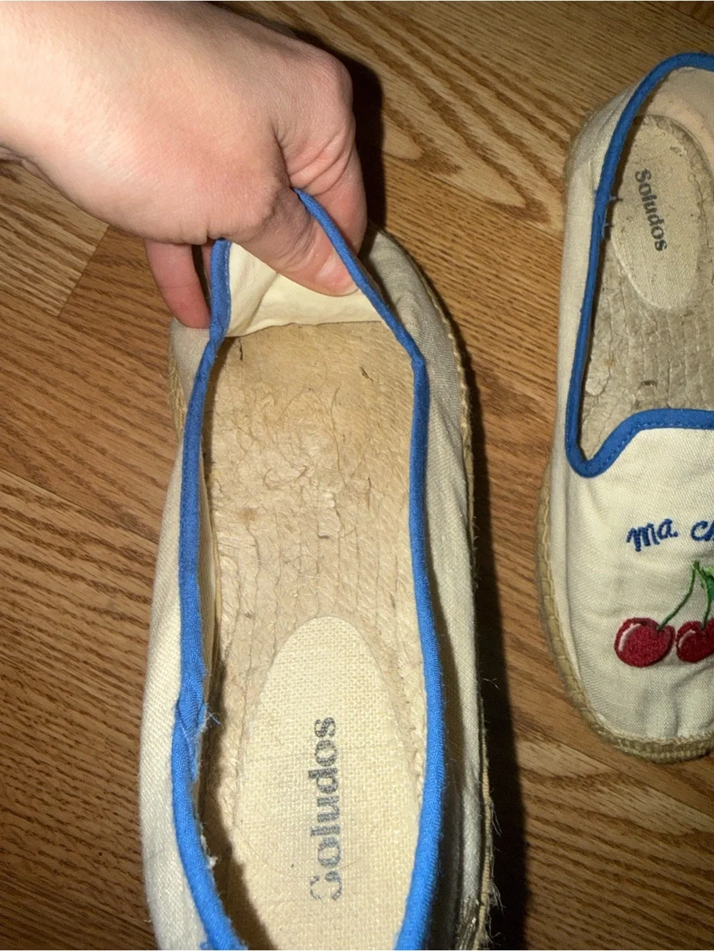 Soludos Ma Chérie Cherry Embroidered Espadrilles in White with Blue Trim